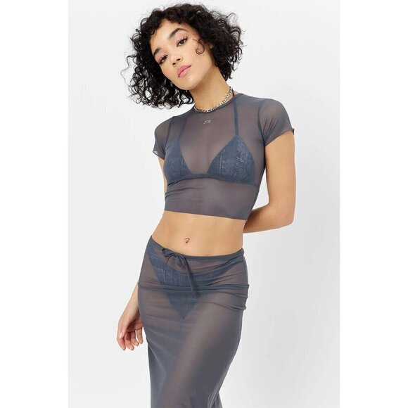 Frankies Bikinis Lauryn grey mesh cropped baby tee size L - Picture 1 of 9